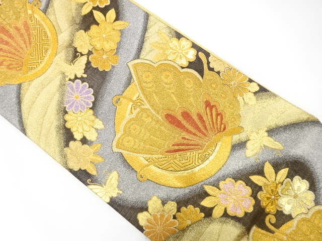 JAPANESE KIMONO / FUKURO OBI FOR FURISODE / SILK / WOVEN STREAM & BUTTERFLY & FLOWERS